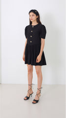 Puff Sleeve Linen Midi Dress with Square Neckline and Gathered Waist Detail