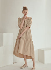 Puff Sleeve Cotton Poplin Midi Dress with Tiered Hem and Flattering High-Low Silhouette