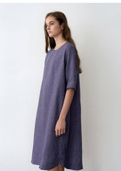 Relaxed Fit Linen Midi Dress for Women with Short Sleeves and Side Slits