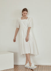 Tiered Cotton Poplin Midi Dress with Puff Sleeves and Square Neckline for Modern Elegance