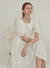 Tiered Cotton Poplin Midi Dress with Puff Sleeves and Square Neckline for Modern Elegance