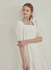 Tiered Cotton Poplin Midi Dress with Puff Sleeves and Square Neckline for Modern Elegance