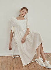 Tiered Cotton Poplin Midi Dress with Puff Sleeves and Square Neckline for Modern Elegance