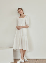 Tiered Cotton Poplin Midi Dress with Puff Sleeves and Square Neckline for Modern Elegance