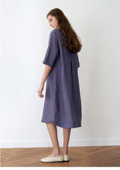 Relaxed Fit Linen Midi Dress for Women with Short Sleeves and Side Slits