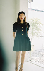 Puff Sleeve Linen Midi Dress with Square Neckline and Gathered Waist Detail