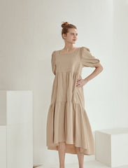 Puff Sleeve Cotton Poplin Midi Dress with Tiered Hem and Flattering High-Low Silhouette