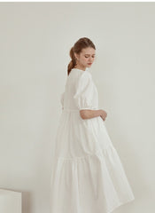 Tiered Cotton Poplin Midi Dress with Puff Sleeves and Square Neckline for Modern Elegance
