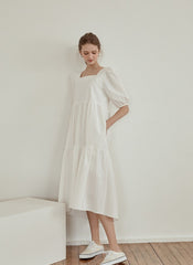 Tiered Cotton Poplin Midi Dress with Puff Sleeves and Square Neckline for Modern Elegance