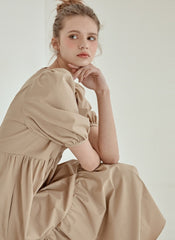 Puff Sleeve Cotton Poplin Midi Dress with Tiered Hem and Flattering High-Low Silhouette