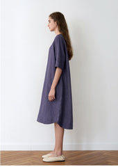 Relaxed Fit Linen Midi Dress for Women with Short Sleeves and Side Slits