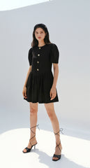 Puff Sleeve Linen Midi Dress with Square Neckline and Gathered Waist Detail