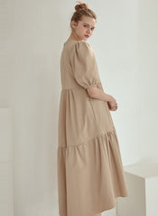 Puff Sleeve Cotton Poplin Midi Dress with Tiered Hem and Flattering High-Low Silhouette