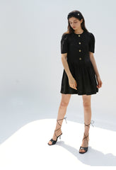 Puff Sleeve Linen Midi Dress with Square Neckline and Gathered Waist Detail