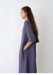 Relaxed Fit Linen Midi Dress for Women with Short Sleeves and Side Slits