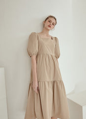 Puff Sleeve Cotton Poplin Midi Dress with Tiered Hem and Flattering High-Low Silhouette