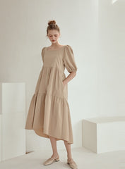 Puff Sleeve Cotton Poplin Midi Dress with Tiered Hem and Flattering High-Low Silhouette