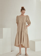 Puff Sleeve Cotton Poplin Midi Dress with Tiered Hem and Flattering High-Low Silhouette