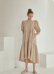Puff Sleeve Cotton Poplin Midi Dress with Tiered Hem and Flattering High-Low Silhouette