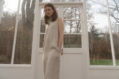 Sleeveless Relaxed Fit Linen Midi Dress with Back Slit and Minimalist Silhouette