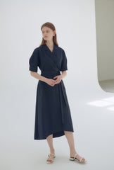 Elegant Wrap-Style Midi Dress in Lightweight Linen with Belted Waist and Relaxed Sleeves