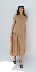 Linen Midi Dress With Square Neckline, Gathered Waist, And Puff Sleeves For Romantic Flair