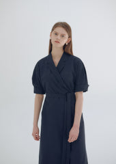 Elegant Wrap-Style Midi Dress in Lightweight Linen with Belted Waist and Relaxed Sleeves