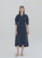 Elegant Wrap-Style Midi Dress in Lightweight Linen with Belted Waist and Relaxed Sleeves