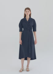 Elegant Wrap-Style Midi Dress in Lightweight Linen with Belted Waist and Relaxed Sleeves