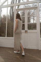 Sleeveless Relaxed Fit Linen Midi Dress with Back Slit and Minimalist Silhouette