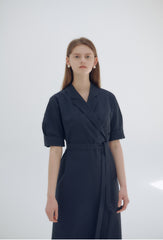 Elegant Wrap-Style Midi Dress in Lightweight Linen with Belted Waist and Relaxed Sleeves