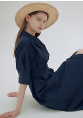 Elegant Wrap-Style Midi Dress in Lightweight Linen with Belted Waist and Relaxed Sleeves