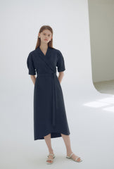 Elegant Wrap-Style Midi Dress in Lightweight Linen with Belted Waist and Relaxed Sleeves