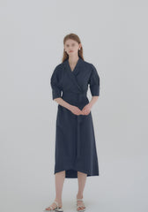 Elegant Wrap-Style Midi Dress in Lightweight Linen with Belted Waist and Relaxed Sleeves