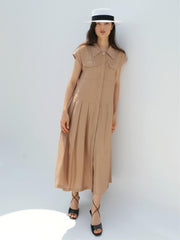 Linen Midi Dress With Square Neckline, Gathered Waist, And Puff Sleeves For Romantic Flair