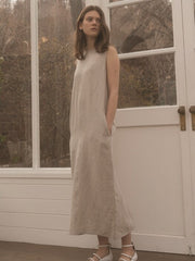 Sleeveless Relaxed Fit Linen Midi Dress with Back Slit and Minimalist Silhouette