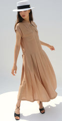Linen Midi Dress With Square Neckline, Gathered Waist, And Puff Sleeves For Romantic Flair