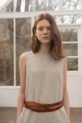 Sleeveless Relaxed Fit Linen Midi Dress with Back Slit and Minimalist Silhouette