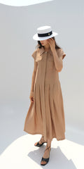 Linen Midi Dress With Square Neckline, Gathered Waist, And Puff Sleeves For Romantic Flair