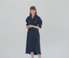 Elegant Wrap-Style Midi Dress in Lightweight Linen with Belted Waist and Relaxed Sleeves