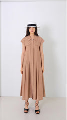 Linen Midi Dress With Square Neckline, Gathered Waist, And Puff Sleeves For Romantic Flair