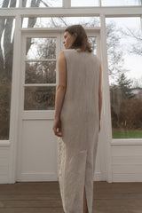 Sleeveless Relaxed Fit Linen Midi Dress with Back Slit and Minimalist Silhouette
