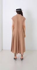 Linen Midi Dress With Square Neckline, Gathered Waist, And Puff Sleeves For Romantic Flair
