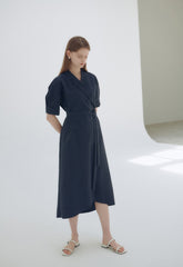 Elegant Wrap-Style Midi Dress in Lightweight Linen with Belted Waist and Relaxed Sleeves
