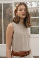 Sleeveless Relaxed Fit Linen Midi Dress with Back Slit and Minimalist Silhouette