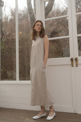 Sleeveless Relaxed Fit Linen Midi Dress with Back Slit and Minimalist Silhouette