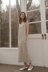 Sleeveless Relaxed Fit Linen Midi Dress with Back Slit and Minimalist Silhouette