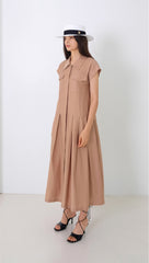 Linen Midi Dress With Square Neckline, Gathered Waist, And Puff Sleeves For Romantic Flair