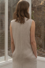 Sleeveless Relaxed Fit Linen Midi Dress with Back Slit and Minimalist Silhouette
