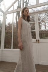 Sleeveless Relaxed Fit Linen Midi Dress with Back Slit and Minimalist Silhouette